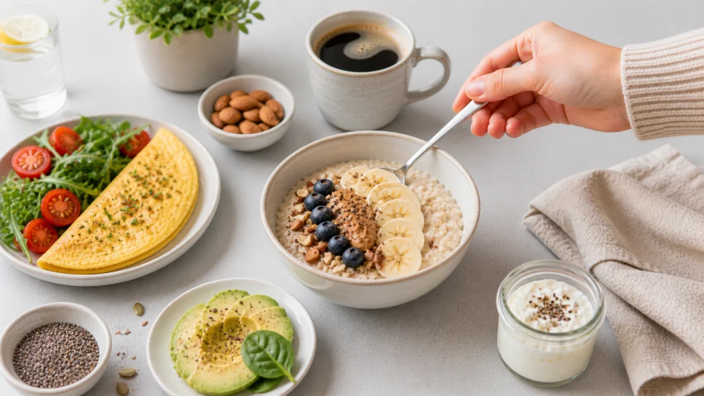 Zuckerfreies Frühstück: Eier, Avocado, Nüsse und Naturjoghurt auf einem Tisch für einen sättigenden Start