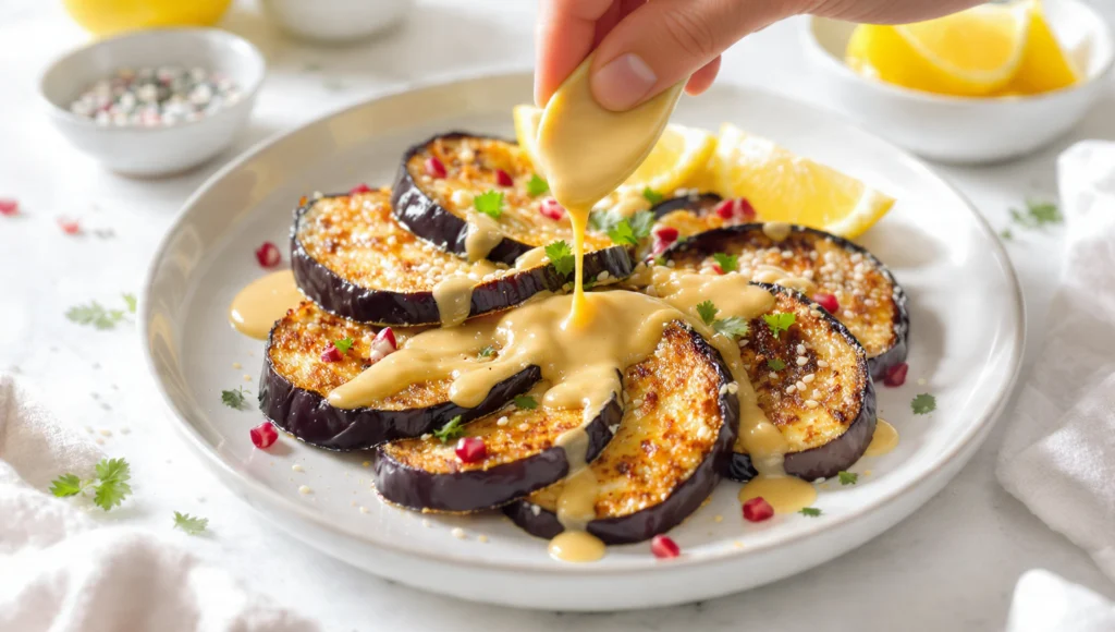 Gebratene Aubergine mit Tahini-Sauce, Granatapfelkernen und Kräutern auf einem Teller in 15 Minuten