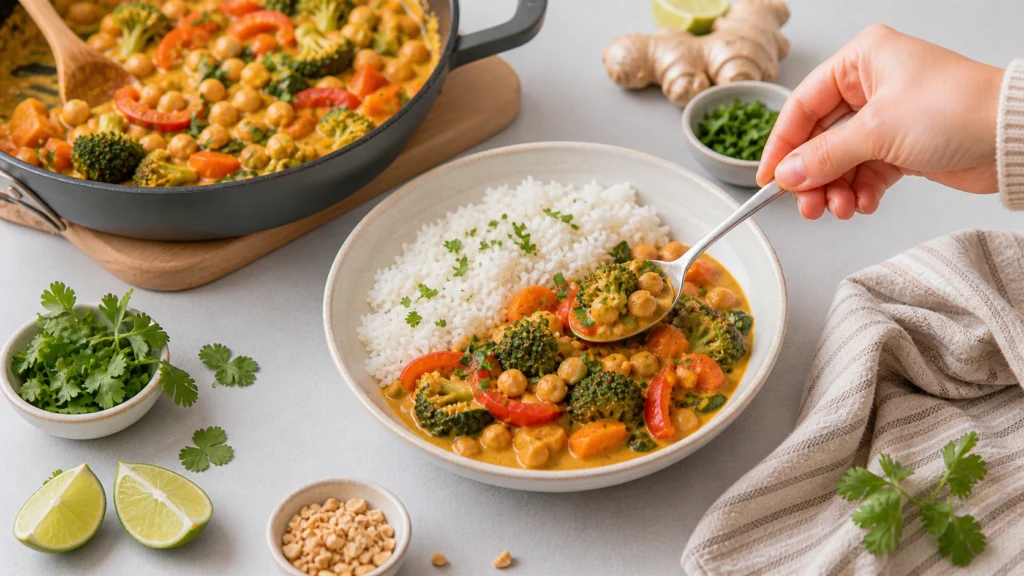 Veganes Gemüse-Curry in 20 Minuten: cremiges Kokos-Curry mit Kichererbsen, Spinat und Paprika auf Reis