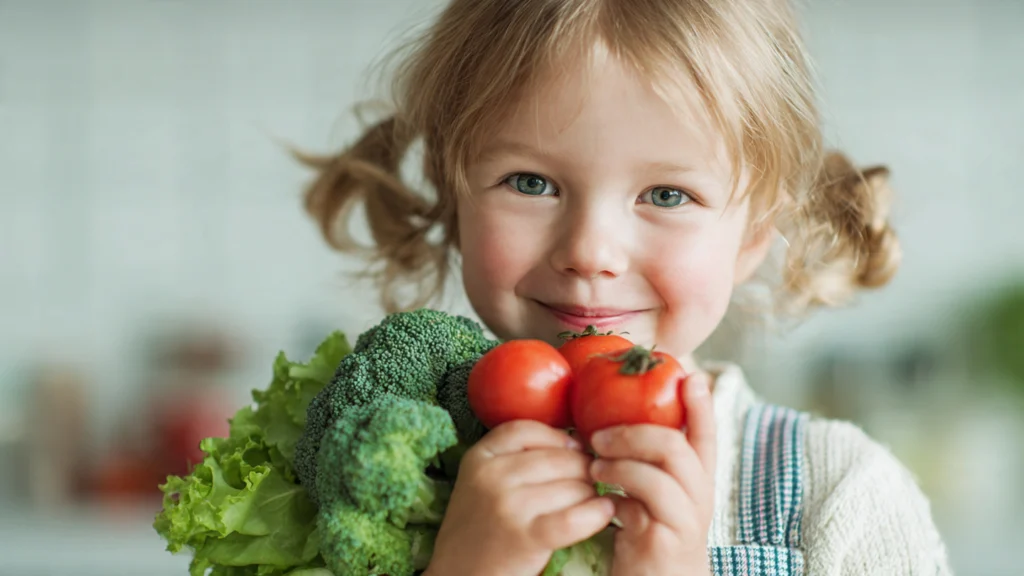 Gesunde Kinderernährung – frisches Obst, Gemüse und Vollkornprodukte auf einem Familientisch.