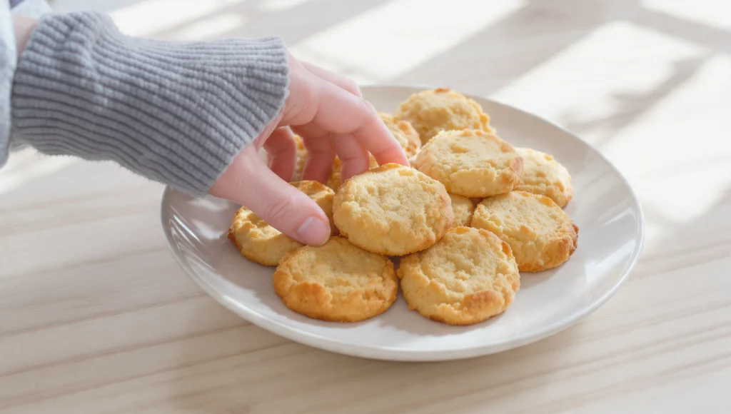 Gesunde Kekse ohne Mehl und Zucker mit 3 Zutaten auf Holzbrett – schnelles 10-Minuten-Rezept