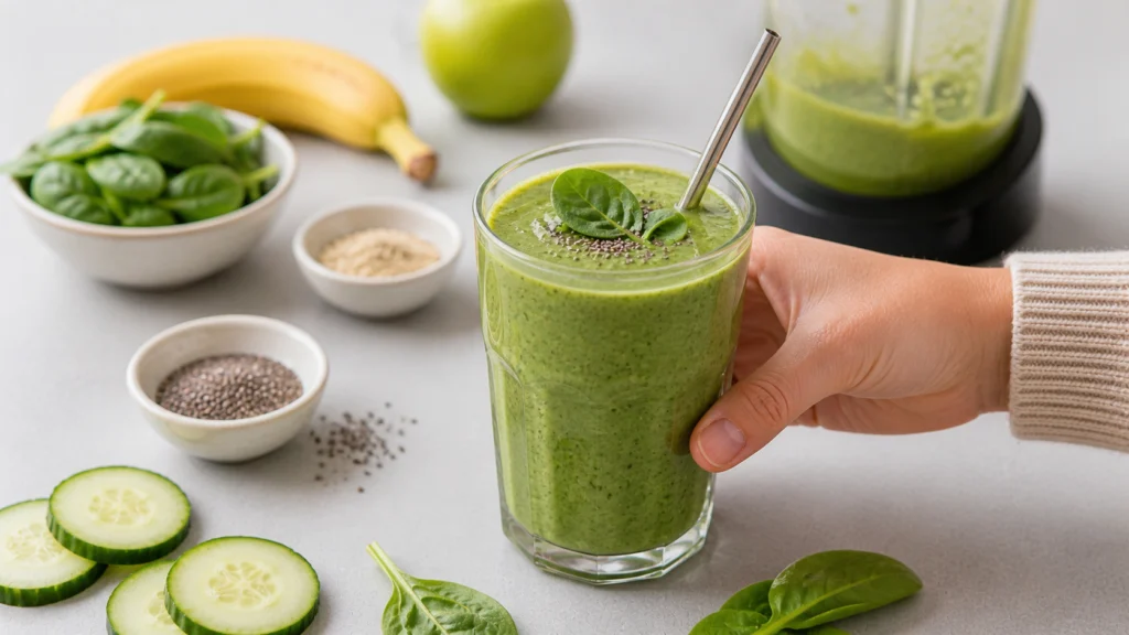 Grüner Smoothie mit Spinat, Banane und Ingwer im Glas: 5 Zutaten, 3 Minuten, voller Energie