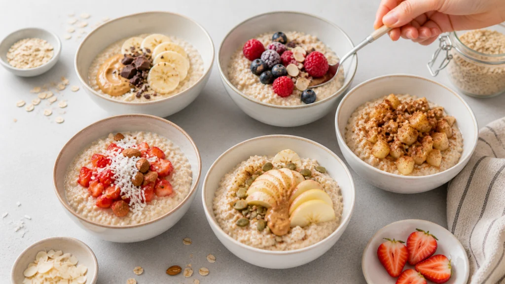 Haferbrei Porridge in 5 Varianten: bunte Schüsseln mit Obst, Nüssen und Toppings auf hellem Holztisch