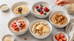 Haferbrei Porridge in 5 Varianten: bunte Schüsseln mit Obst, Nüssen und Toppings auf hellem Holztisch