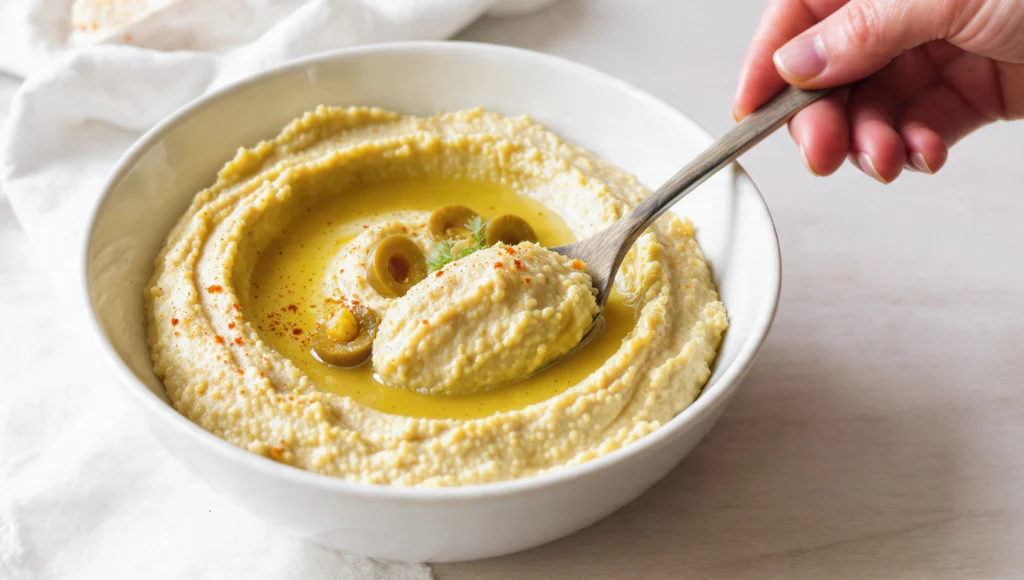 Selbstgemachter cremiger Hummus in Schüssel mit Olivenöl und Paprika – einfaches 10-Minuten-Rezept