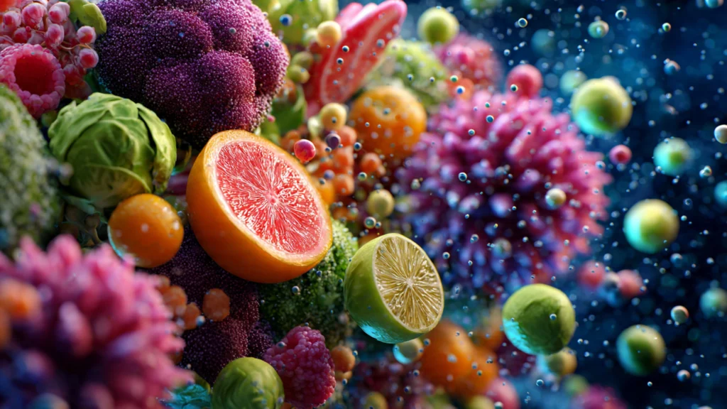 Obst, Gemüse und Vollkorn auf einem Tisch für eine Ernährung, die das Immunsystem unterstützt.