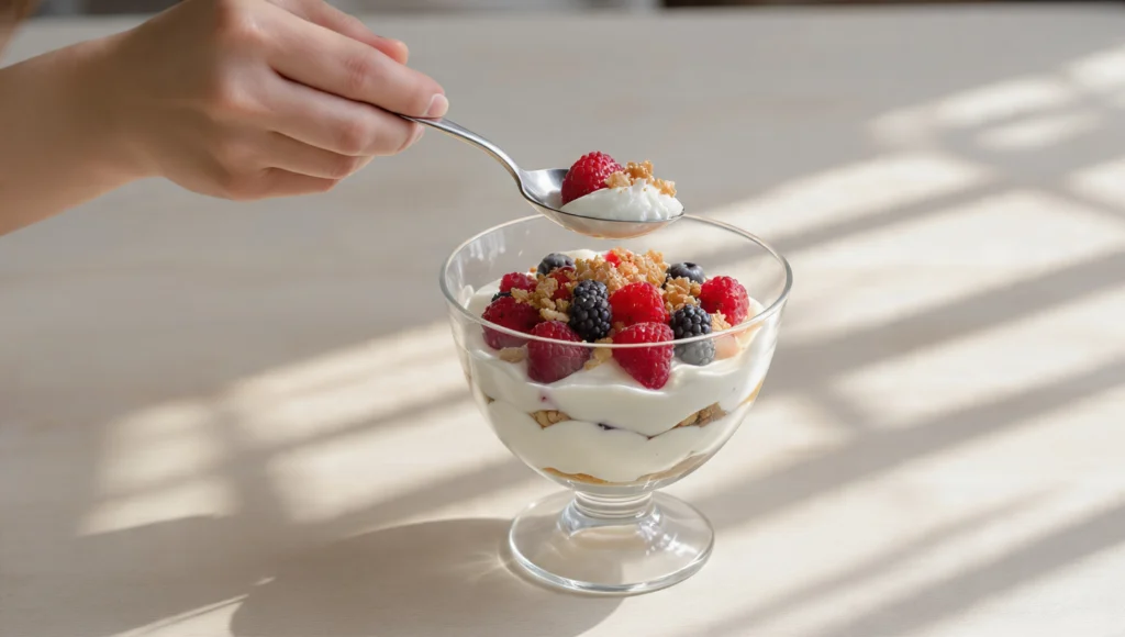 Joghurt-Parfait mit frischen Früchten und Granola im Glas – gesundes Frühstück oder Dessert
