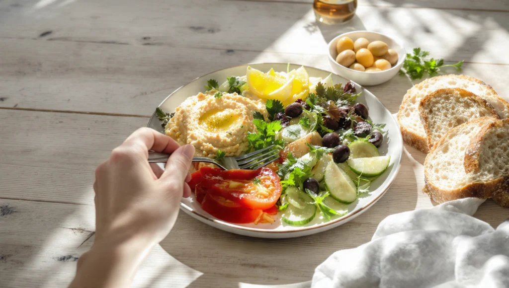 Mediterrane Ernährung, gesunde Küche mit frischem Gemüse, Olivenöl und Fisch einfach umsetzen.