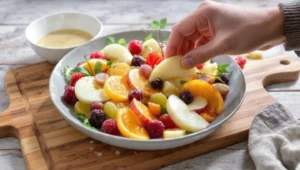 Frischer Obstsalat mit besonderem Dressing in einer Schüssel, schnell in 8 Minuten zubereitet.