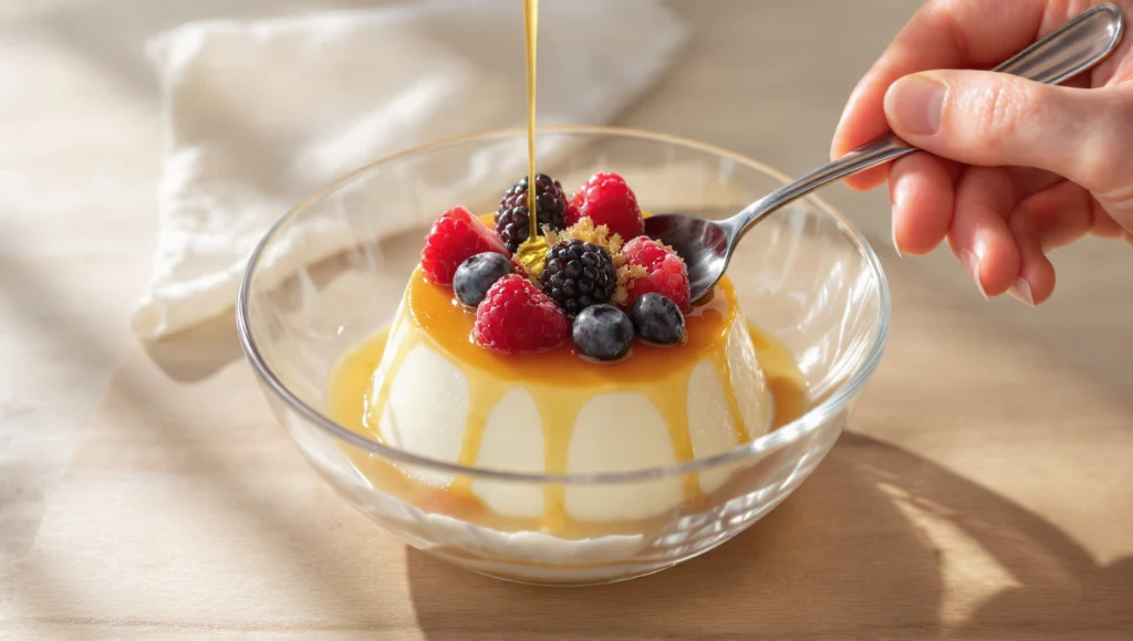 Panna Cotta mit Beerensauce in elegantem Glas – einfaches italienisches Dessert in 10 Minuten