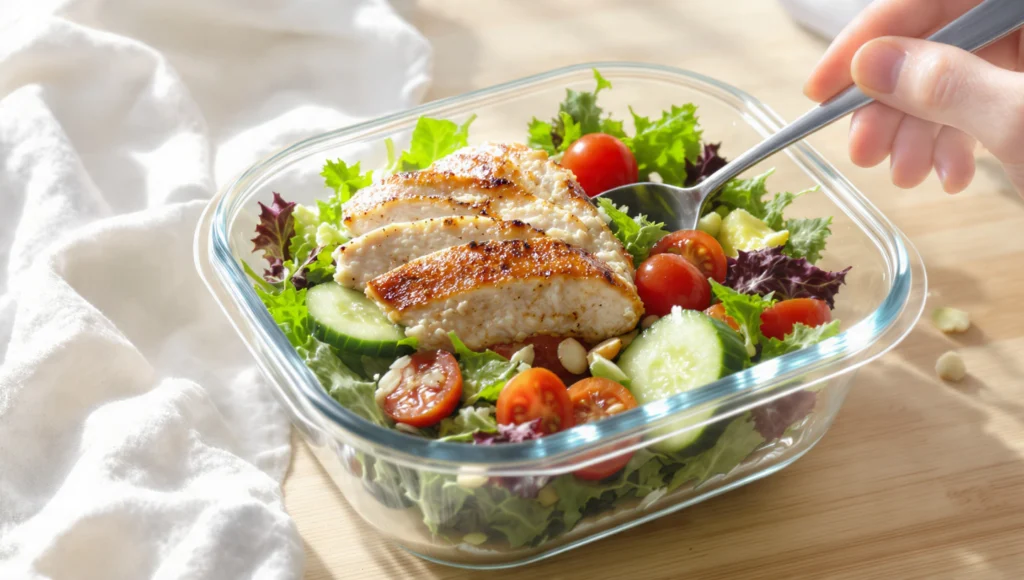 Protein-Salat im Glasbehälter für Meal Prep – gesundes Rezept das sich 5 Tage frisch hält