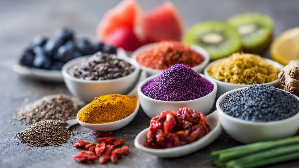 Superfoods auf einem Tisch – Ernährungsberaterin erklärt gesundheitliche Vorteile und Mythen.