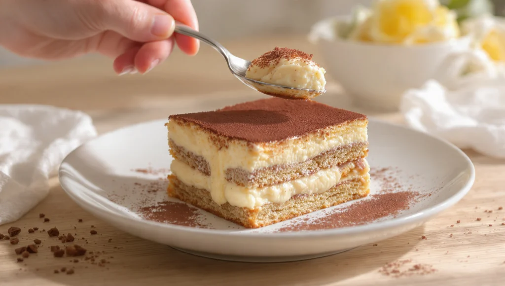 Tiramisu ohne rohes Ei in einer Auflaufform mit Kakaopulver – sicheres klassisches italienisches Dessert