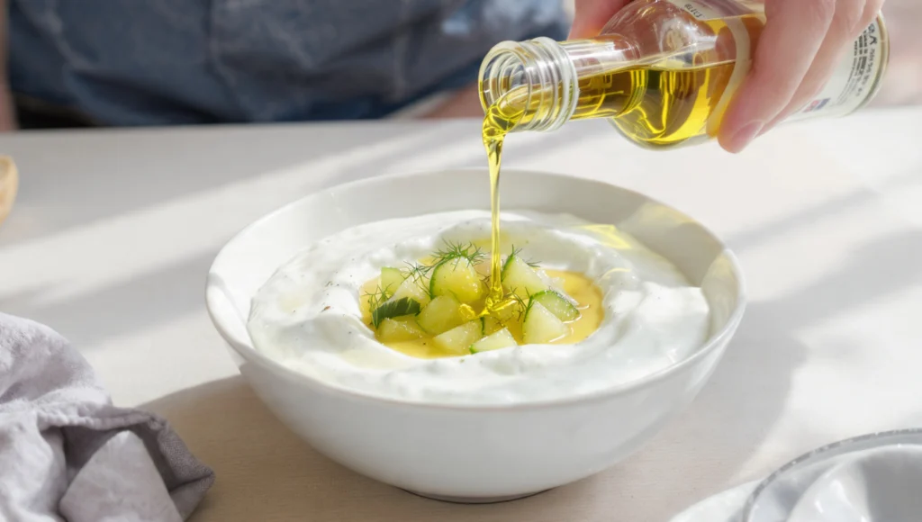 Selbstgemachtes Tzatziki mit Gurke und Knoblauch in Schüssel – frischer griechischer Dip zum Selbermachen