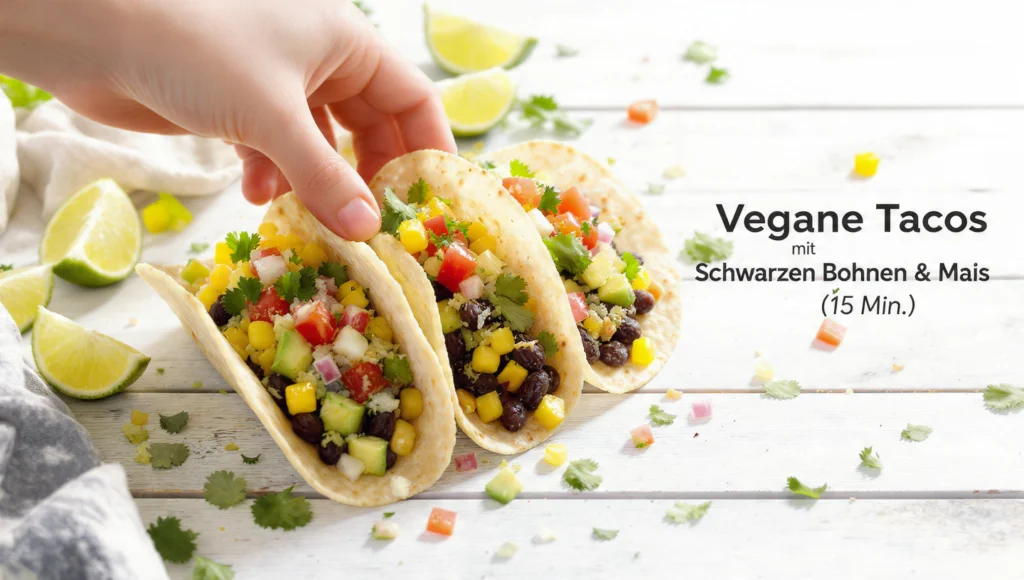 Vegane Tacos mit schwarzen Bohnen und Mais: knusprige Tortillas mit bunten Toppings und Avocado in 15 Min.