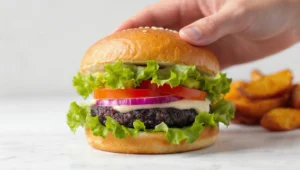 Veganer Bohnenbürger selbstgemacht: saftiger schwarzer Bohnen-Patty mit Avocado und Toppings im Brioche-Bun