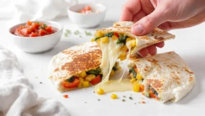 Gemüse-Quesadillas in 10 Minuten: knusprige Tortillas mit Käse, Paprika und Mais auf Holzbrett serviert
