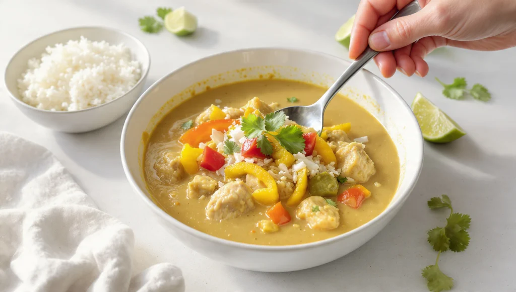 Hähnchen-Kokos-Curry 20 Min: Cremiges würziges schnelles Rezept.
