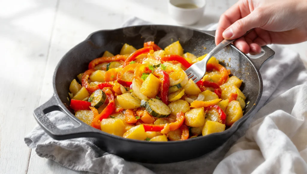 Kartoffelpfanne mit Gemüse in 20 Minuten – günstig, sättigend und bunt in der Pfanne