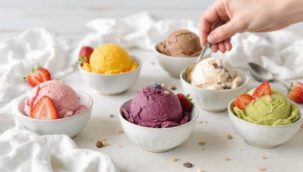 Fünf vegane Nice-Cream-Sorten in Schälchen mit frischen Früchten, Nüssen und Granola – ohne Eismaschine