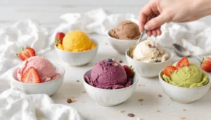 Fünf vegane Nice-Cream-Sorten in Schälchen mit frischen Früchten, Nüssen und Granola – ohne Eismaschine