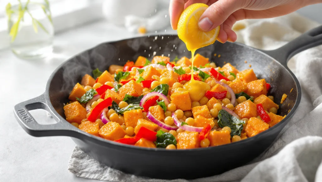 Süßkartoffel-Pfanne mit Kichererbsen in 20 Minuten – gesund, pflanzlich und einfach zubereitet