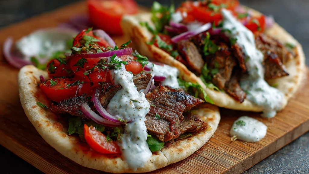 Gyros Pfanne würzig schnell 20 Minuten – griechisches Schweinefleisch mit Tzatziki und Fladenbrot