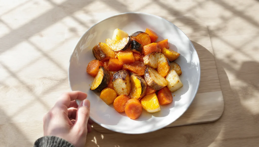 Herbstgemüse aus dem Ofen bunt einfach – Kürbis, Rote Bete, Süßkartoffeln und Rosenkohl unter 30 Min