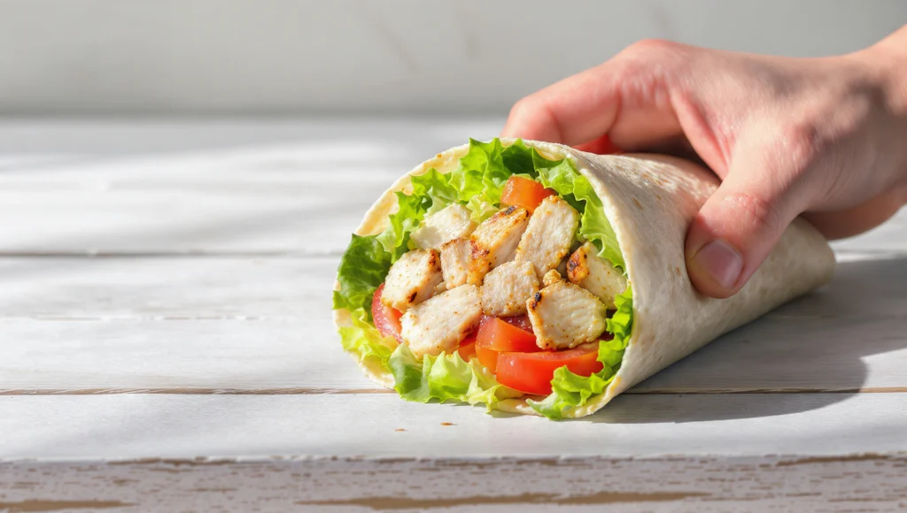 Hühnchen-Gemüse-Wrap leicht sättigend 15 Min – Hähnchen, Paprika, Avocado und Joghurt-Dip im Tortilla
