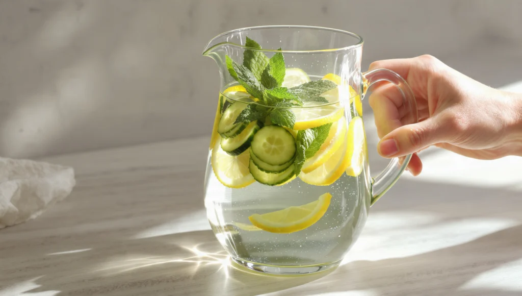 Infused Water Rezepte mehr trinken – Zitrone, Gurke, Erdbeere und Minze im Glasgefäß aromatisiert
