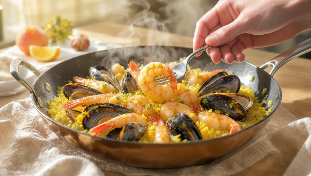 Meeresfrüchte-Pfanne Knoblauch schnell elegant – Garnelen, Muscheln, Tintenfisch mit Weißweinsauce
