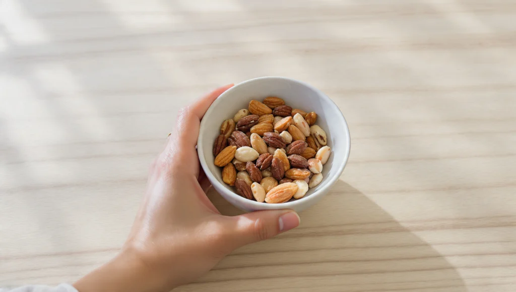 Eine Tagesration gesunder Nüsse – laut Deutscher Gesellschaft für Ernährung (DGE) die empfohlene Menge von 25 Gramm täglich, entsprechend einer kleinen Handvoll. Walnüsse, Mandeln, Cashews, Haselnüsse und Pistazien liefern wertvolle Omega-3-Fettsäuren, Ballaststoffe, Vitamin E und pflanzliches Protein – und senken nachweislich das Risiko für Herz-Kreislauf-Erkrankungen.