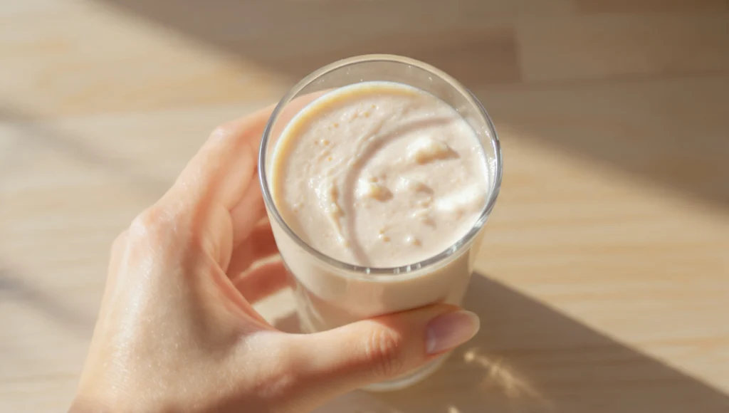 Protein-Shake ohne Pulver natürlich – Magerquark, Haferflocken, Erdnussmus und Hanfsamen im Mixer