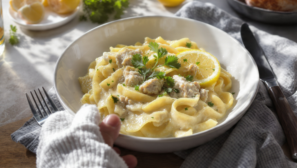 Puten-Geschnetzeltes cremig schnell Familie – Putenbrust mit Champignons Sahnesauce und Bandnudeln