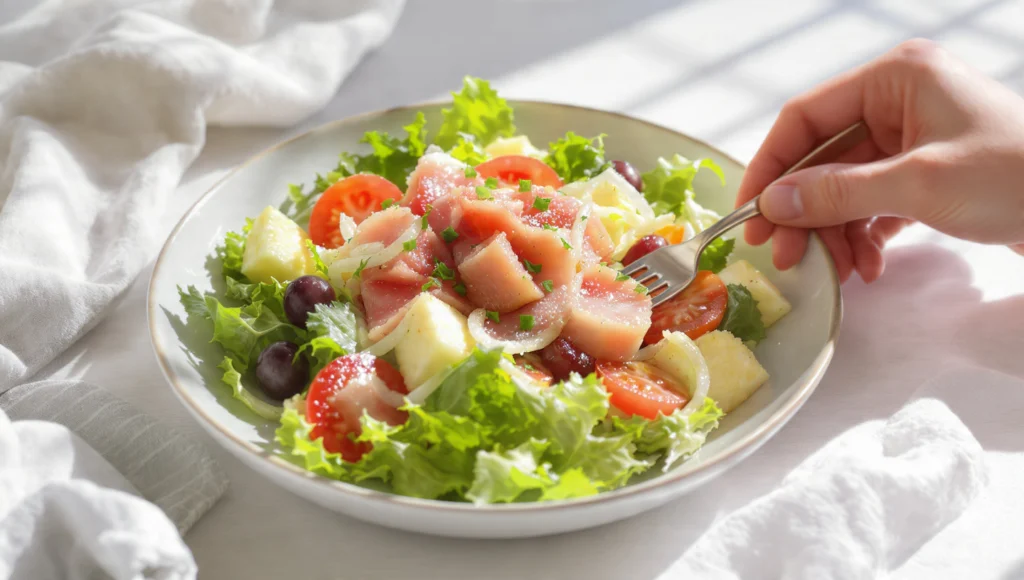 Salade Niçoise Thunfisch französisch 15 Min – Bohnen, Ei, Oliven, Anchovis und Dijon-Vinaigrette