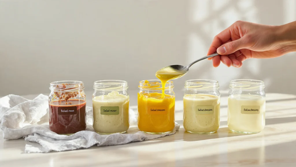 Salatdressings 5 Grundrezepte – Vinaigrette, Caesar, Tahini, Sesam und Honig-Senf für jeden Salat