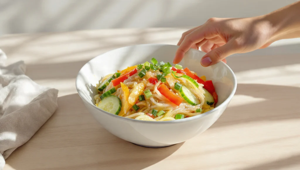 Sommer Noodle Bowl kalt erfrischend – Glasnudeln, Mango, Edamame und Erdnuss-Sesam-Dressing 15 Min