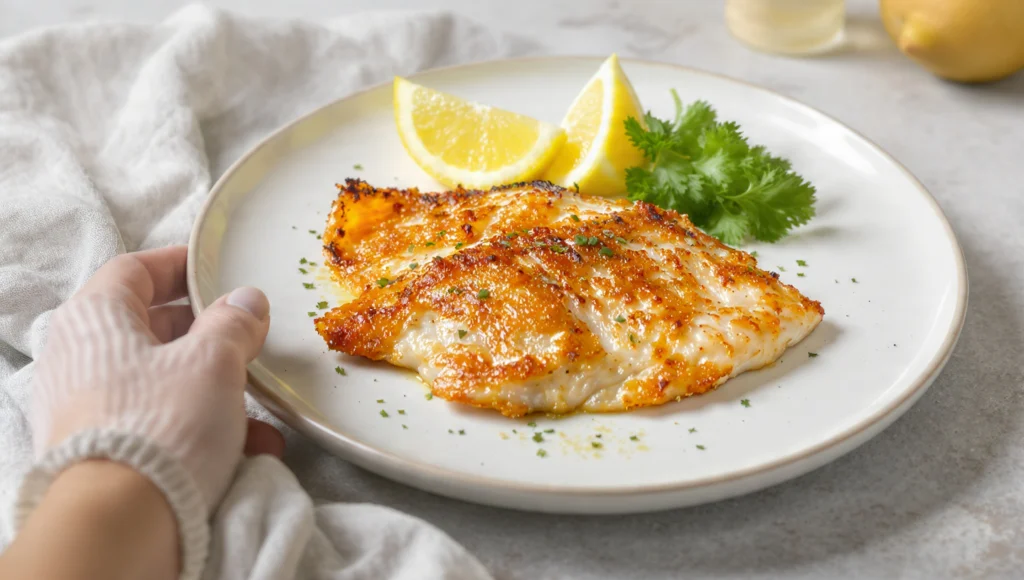 Tilapia Pfanne günstigster Fisch richtig zubereitet – goldbraunes Filet mit Knoblauch und Zitrone