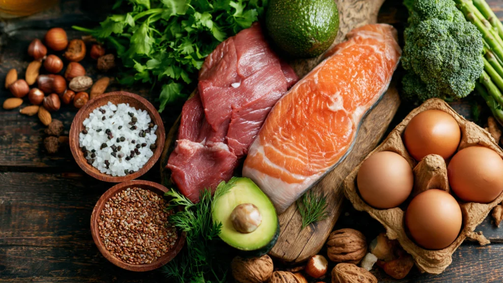 Whole30 Ernährung sachlich erklärt – erlaubte Lebensmittel mit Gemüse, Fleisch, Nüssen und Obst