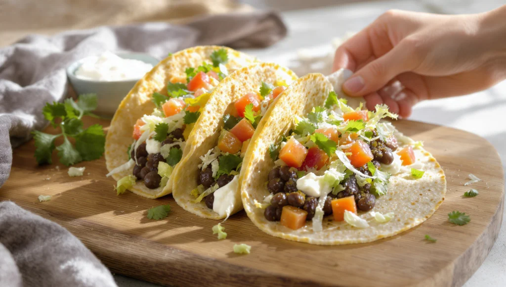 Bohnen-Tacos vegan und günstig in 15 Minuten – mexikanisches Rezept mit schwarzen Bohnen und Avocado