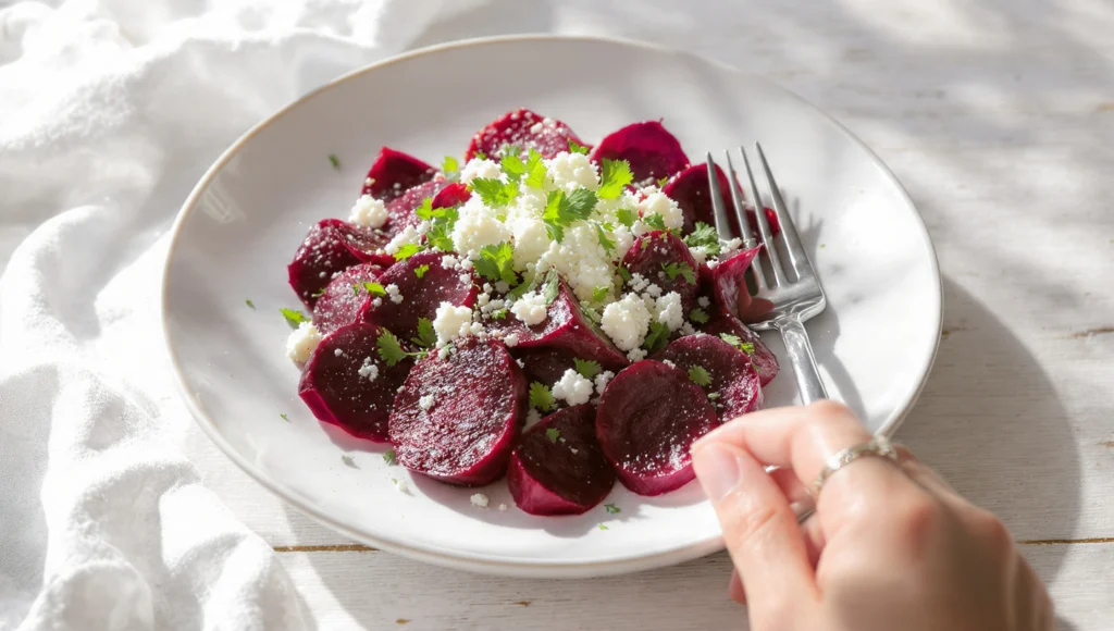 Ein eleganter Rote-Bete-Salat mit cremigem Ziegenkäse – schnell angerichtet und in nur 10 Minuten servierfertig. Mit zart gegarten Roten Beten, zerbröckeltem Ziegenfrischkäse, karamellisierten Walnüssen, frischem Rucola und einem honig-basierten Balsamico-Dressing: ein leichtes, raffiniertes Gericht für jede Gelegenheit.