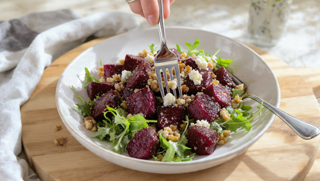 Warmer Rübensalat herbstlich – einfaches Rezept mit Roten Beten, Ziegenkäse und Walnüssen in 20 Min
